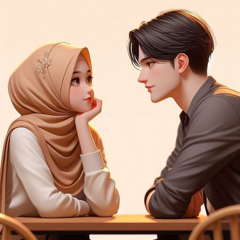 Couple Islami Aesthetic, Muslim Couple Dp, Wp Couple, Indian Emblem Wallpaper, Cute Hijab Cartoon Wallpaper, Characters From Movies, Illustration Couple, Muslim Art, Disney Cuties