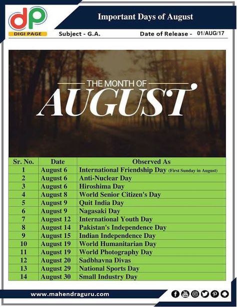 #DP | Important Days Of August | 01 - August - 17  http://www.mahendraguru.com/2017/08/dp-important-days-of-august-01-august-17.html International Friendship Day, August Month, First Sunday, Leo Season, 1 August, Study Material, International Day, August 17, Senior Citizen