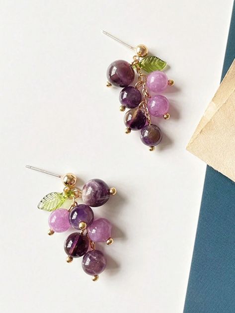 2pcs Korean Style Purple Natural Stone Grape Shaped Earrings Cute Fruit Studs For Unpierced Ears Women Ear Clips | SHEIN USA Grape Earrings, Ear Clips, Cute Fruit, Earrings Cute, Bracelet Patterns, Resin Jewelry, Natural Stone, Natural Stones, Grapes