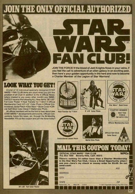 Star Wars Fan Club ad from Famous Monsters of Filmland magazine, 1978 Star Wars Retro Poster, Poster Prints Star Wars, Star Wars Comic Aesthetic, Vintage Star Wars Poster, Star Wars Poster Aesthetic, Star Wars Poster Vintage, Star Wars Magazine, Club Invitation, Retro Star Wars