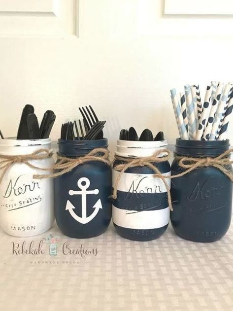 Beach Mason Jars, Deco Marine, Nautical Crafts, Decor Shabby Chic, Mason Jar Crafts Diy, Nautical Baby Shower, Room Deco, Nautical Baby, Beach Crafts