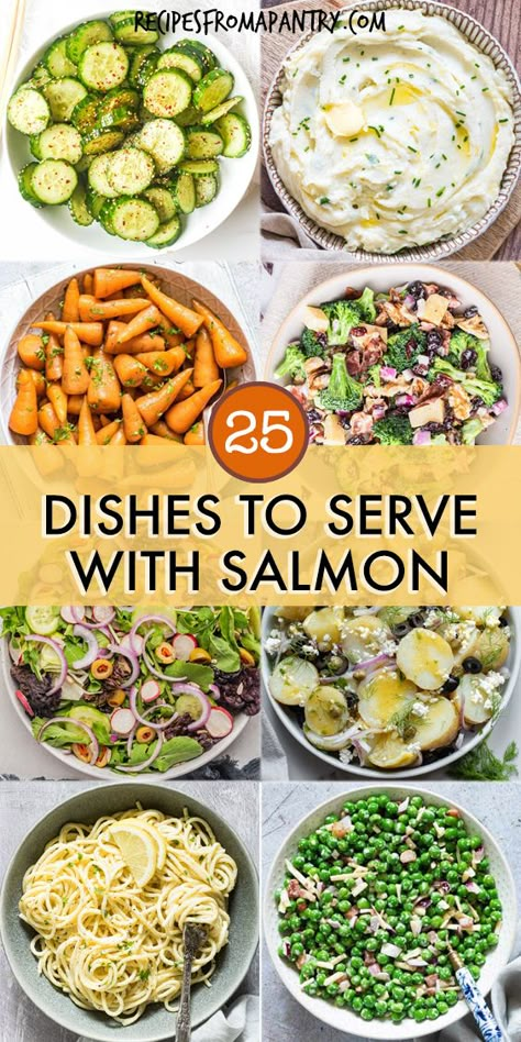 Get 25 of the best side dishes for salmon sure to please everyone at your table. Perfect for dinner, special occasions and dinner parties. From potato side dishes, pasta side dishes, crispy salads, vegetables sides and soooo much more, there's something for everyone. Click through to get the best  salmon side dishes !! #salmon #sidedish Side With Salmon Dinners, Veggies To Go With Salmon, Salmon Side Dishes Ideas Veggies, Salad To Pair With Salmon, Salmon Serving Ideas, Veggie Sides For Salmon, Salmon Plate Ideas, Salad For Salmon Side, Sides That Go With Salmon Dinners