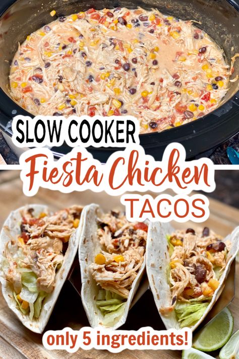 FIESTA CHICKEN TACOS - SLOW COOKER - Family Dinner Delights White Chicken Tacos Crockpot, Southwest Chicken Crockpot Recipes, Fiesta Ranch Chicken Crockpot, Chicken Fajita Slow Cooker, Mexican Chicken In Crockpot, Chicken Enchilada Crockpot, Fiesta Chicken Tacos, Taco Chicken Crockpot, Southwest Chicken Crockpot