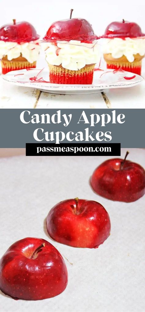 These scrumptious cupcakes capture the essence of a candy-coated candy apple in a tasty treat Candy Apple Cupcakes, Infused Cupcakes, Apple Cupcakes, Caramel Frosting, Apple Bread, Cupcake Recipe, Fruity Pebbles, Red Food Coloring, Dessert Sauces