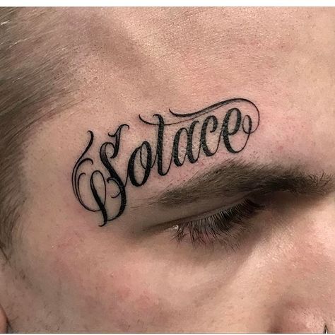 Letteringcartel’s Instagram post: “Solace by @justinburnouttattoos based in the UK. #tattoolettering #customtattoo #customlettering #customscript #tattoo #tattooscript…” Script Face Tattoo, Name Face Tattoo, Solace Tattoo, Eyebrow Tattoos, Becoming A Tattoo Artist, Tattoo Script, Face Tattoos, Eyebrow Tattoo, Face Tattoo