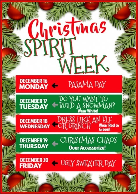 christmas spirit week - - Image Search Results Work Holiday Spirit Week Ideas, Work Christmas Dress Up Days, Christmas Themed Spirit Week, Christmas Poster Ideas For School, Grinch Spirit Week, Christmas Theme Dress Up Days, Christmas School Themes, Christmas Spirit Week Ideas For Kids, Pto Christmas Ideas