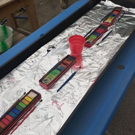 Tinfoil Painting, Mark Making Table Eyfs, Mark Making Tuff Tray Ideas, Number Tuff Tray, Eyfs Mark Making, Subtraction Tuff Tray, Numicon Tuff Tray, Number Formation Activities, Whatever Next Tuff Tray