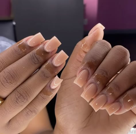 Classy Nude Nails Square Short, Tan Short Nails, Beige Square Nails, Nude Bridesmaid Nails, Tan Acrylic Nails, Cream Nails Acrylic, Powered Nails, Nude Nails Black Women, Nails Brown Skin