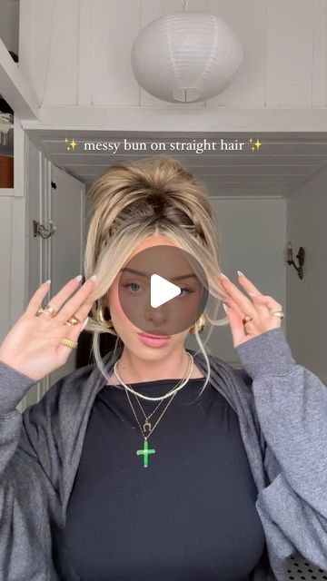 Delaney on Instagram: "messy bun the straight hair edition 🦋✨💕 I used @evahairnyc hairspray for a light flexible hold and @cecred moisture sealing lotion to help my bangs style hold and the steampod to flip them!" Buns With Bangs, Straight Hair Bun, Messy Bun Straight Hair, Bangs Style, Straight Bangs, How To Style Bangs, Face Hair, Messy Bun, Straight Hair