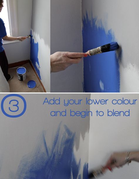 DIY Ombre wall project - Step Three: Adding your second colour. See the full how-to on Stylist's Own. Project by Joanna Thornhill Paint Ombre Wall, Ombre Paint, Indoor Paint, Wall Painting Techniques, Ombre Wall, Diy Ombre, Project Steps, Bedroom Wall Colors, Paint Effects