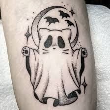 Cute Cat Ghost Tattoo, Ghost Cat Tattoo Designs, Ghost And Cat Tattoo, Cat Halloween Tattoo, Spooky Cat Tattoo, Cat Ghost Tattoo, Halloween Cat Tattoo, Ghost Cat Tattoo, Witchy Cat Tattoo