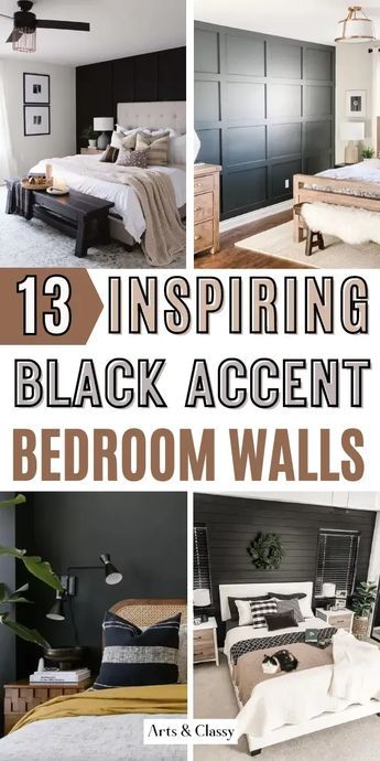 Embrace timeless beauty with these black accent wall bedroom ideas. Discover classic designs and elegant touches to create a space that never goes out of style. Accent Wall Bedroom Not Behind Bed, Modern Industrial Glam Bedroom, Bedroom With Black Walls Room Ideas, Accent Tv Wall Bedroom, Feature Bedroom Wall Ideas, Black Bedroom Wall Ideas, Black Wall Decor Ideas, Black Feature Wall Bedroom, Bedroom With Black Accent Wall