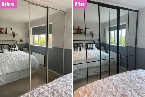 Woman transforms her old wardrobes with a chic black panelling for just £16 and people are seriously impressed Mirror Closet Doors Diy, Black Panelling, Mirrored Wardrobe Doors, Closet Mirror, Glass Wardrobe, Closet Door Makeover, Glass Closet, Ikea Mirror, Mirror Closet Doors