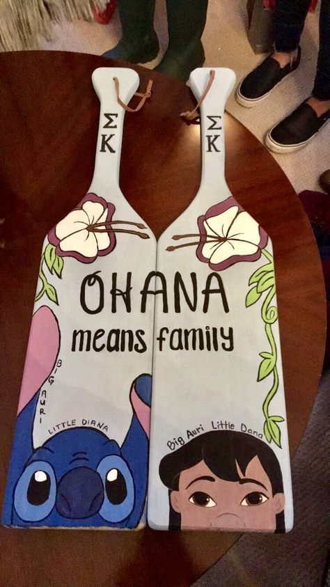 Lilo and Stitch Sorority Twin Paddles Paddles Sorority, Big Little Paddles, Kappa Delta Chi, Sigma Kappa Sorority, Gamma Sigma Sigma, Sigma Lambda Gamma, Big Little Crafts, Paddle Ideas, Waltz Dance