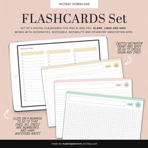 Digital Flashcards, set, student | GoodNotes, Notability, Study Notes, for iPad prettyramadanplanner #budgetplannerworksheet💡 Goodnotes Flashcards Free, Study Planner Free, Digital Flashcards, Organization Notes, Ipad Organizer, Computer Hacks, Digital Recipe Book, Student Planner Printable, Planner Setup