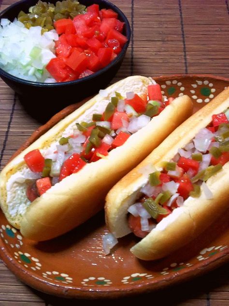 Mexican style bacon-wrapped hot dogs Mexican Hot Dogs, Bacon Wrapped Hotdogs, Hot Sandwich Recipes, Homemade Mexican, Hot Sandwich, Hot Dog Recipes, Mexican Food Recipes Easy, Portuguese Recipes, Authentic Mexican