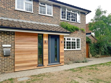 Part Cladded House, Porch Cladding, Bungalow Porch Ideas, Extension Exterior, Porch Oak, Cedar Porch, Front Porch Ideas Uk, Front Extension, Cladding Ideas