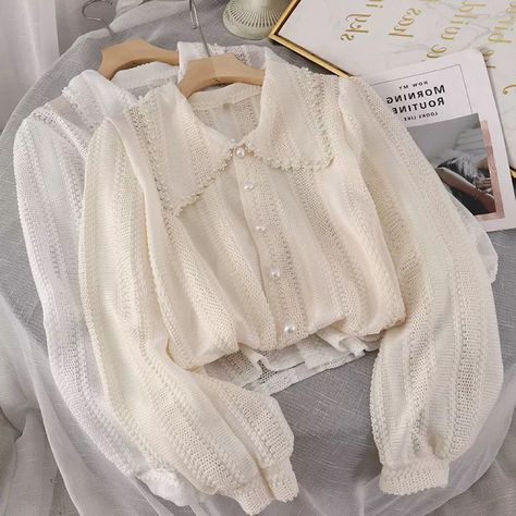 Check out this product on Alibaba App Wholesale Women Girls Sweet Lace Knit Hollow Out Shirt Doll Collar Solid Color Shirts Tops Fashionable Casual Shirt Light Academia Style, Peter Pan Collar Top, Women Lace Blouse, Peter Pan Collar Blouse, Academia Style, White Collared Shirt, Lace Outfit, Cardigan Fashion, New Classic