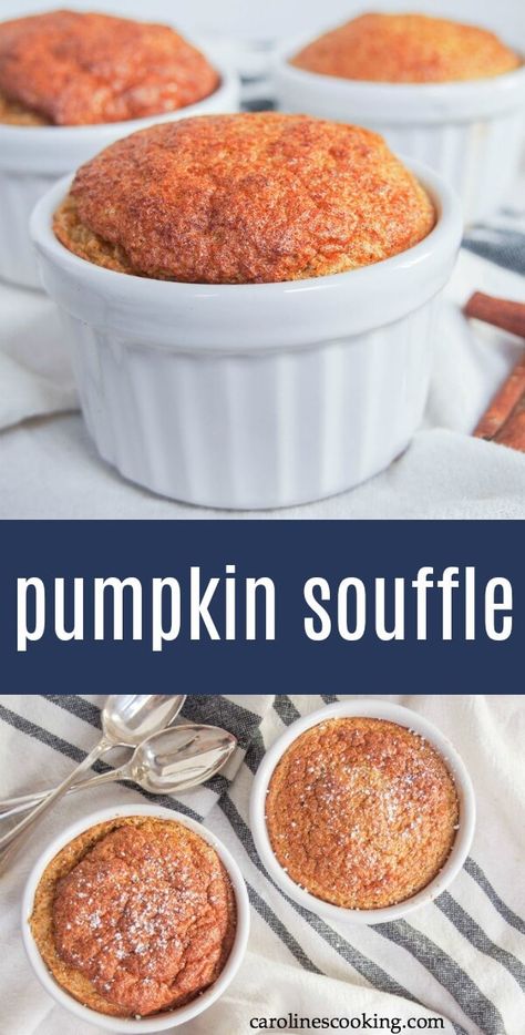 Whether you're looking for a tasty fall-flavored dessert or a gluten free take on pumpkin pie, this pumpkin souffle is a great choice. Gently spiced, light and delicious. #pumpkin #glutenfreedessert #souffle #dessert Pumpkin Sufle, Pumpkin Souffle Recipe, Souffle Recipes Dessert, Souflee Recipes, Fall Souffle, Fall Ramekin Desserts, Souflee Recipes Dessert, Pumpkin Souffle Easy, Gluten Free Souffle