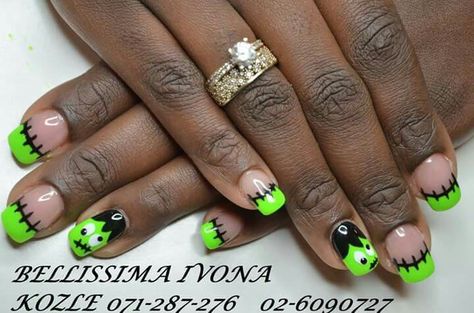 Frankenstine Nails, Frankenstein Nails Halloween, Frankinstine Nails, Frankenstein Nails Acrylic, Halloween Nails Frankenstein, Frankenstein Nail Art, Halloween French Tip Nails, Frankenstein Nails, Halloween Nail Art Easy