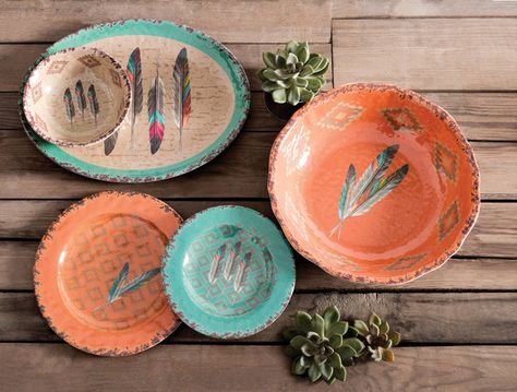 Feather Design Melamine Dinnerware Southwestern Dinnerware, Southwest Decorating, Western Dinnerware, Colorful Dinnerware, Rustic Dinnerware, Melamine Dinnerware Sets, Black Forest Decor, Outdoor Dinnerware, Western Gifts