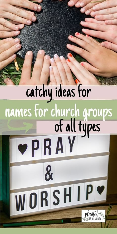 Coming up with a church group name can be tricky! Check out this list of church group name ideas and tips! We've got church youth group names ideas, womens church group names, small group names for church, church outreach group names, men's ministry ideas and names, etc. Whether you need kids ministry names, youth ministry names, women's ministry names, life group names, young adult ministry names, or men's ministry names, we have ideas for you! Names For Bible Study Groups, Christian Ministry Ideas, Senior Ministry Ideas, Christian Small Group Ideas, Women’s Ministry Group Names, Bible Study Names Ideas, Young Adult Ministry Names, Christian Group Chat Names Ideas, Cute Bible Study Group Names