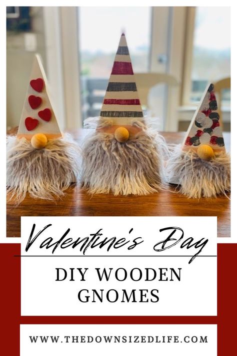 Wooden gnomes Wooden Valentines Day Crafts, Valentines Day Wood Crafts, Wooden Valentine Crafts, Valentine Gnomes Diy, Valentine's Gnomes Diy, Wooden Hearts Crafts Ideas Valentines, Wood Heart Crafts Valentines Day, Valentine Gnomes Painted On Wood, Valentine’s Day Wooden Decor