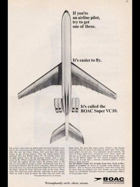 #oldschooltravel Vickers Vc10, Airlines Ads, De Havilland Comet, Airline Advertising, Vintage Airline Ads, Old Aircraft, Rolls Royce Engines, Flying Helicopter, British Airline