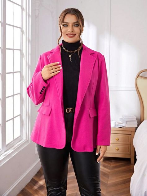 Hot Pink Elegant Collar Long Sleeve Tweed Plain Regular Embellished Non-Stretch Women Plus Clothing Plus Size Blazers, Lapel Collar, Fashion Online Shop, Online Fashion, All Fashion, Plus Clothing, Fashion Inspo Outfits, Plus Size Fashion, Men's Clothing