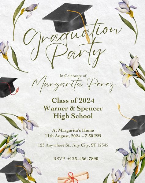 White Floral Graduation Party Evite #Vfccreativedesigns #DigitalInvitations #InvitationDesign #Cutedesigns #Partyevites #birthdayevites #graduationevite Grad Party Theme, Floral Graduation Party, Graduation Invitation Cards, Fedex Office, Graduation Party Planning, Graduation Invitation, Digital Invite, White Florals, Graduation Diy