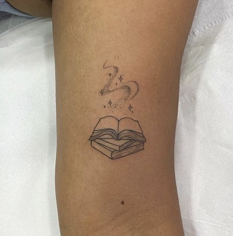 Tattoo About Magic, Tiny Tattoos Book, Book Tattoo Small Simple, Book Back Tattoo, Book Magic Tattoo, Mother Daughter Book Tattoos, Harry Potter Book Tattoo Ideas, Tattoo Book Ideas, Book Reader Tattoo