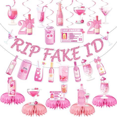 PRICES MAY VARY. 【PACKAGE INCLUDES】You will get 1pc RIP Fake ID banner, 9pcs hanging swirls and 5pcs honeycomb centerpieces. A festive combination of pink birthday party decorations adds warmth and elegance to birthday 【PINK THEME DESIGN】The decoration set includes pink champagne bottle-themed elements; The set is specially designed with a variety of bottle-themed elements that will definitely add an extra festive atmosphere to your party 【REUSABLE MATERIAL】Our pink 21st-party decorations are ma 21st Birthday Nashville Theme, 21 Bday Decor, 21st Pink Birthday Ideas, 21st Birthday Background, 21 Birthday Ideas Decoration, 21 Theme Party Ideas, 21st Theme Party Ideas, 21 Birthday Party Themes, 21st Birthday Themes For Her