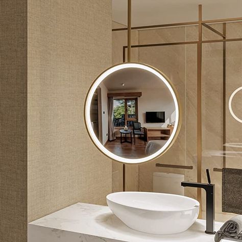 Amazon.com: Hanging Rod Round Bathroom Mirror Ceiling Hanging Mirror Illumination Led Mirror Hotel Bathroom Mirror with Led Lights （Golden Frame） (Size : Ø80cm+Boom 60cm) : Home & Kitchen Hotel Bathroom Mirror, Round Bathroom Mirror, Mirror Ceiling, Round Bathroom, Illuminated Mirrors, Mirror With Led Lights, Mirror Shapes, Hotel Bathroom, Ceiling Hanging