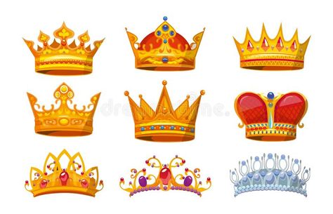 Set of colorful crowns in cartoon style. Royal crowns from gold for king, queen and princess.Crown awards collection for winners vector illustration Gold King Crown, Queen And Princess, Imperial Symbol, Crown Vector, Crown Silhouette, King And Queen Crowns, Crown Illustration, Beard Logo, Princess Illustration