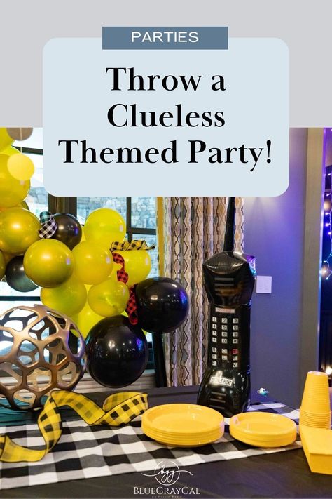 These Clueless party decorations are everything! All the 90s yellow and black plaid from Cher's iconic outfit, a blowup phone, and a movie party that teenagers and kids will love! 90s Party Table Decor, Cher And Dionne Outfits, Clueless Birthday Party Theme, Clueless Party Theme, Dionne Outfits, Clueless Theme, Movie Night Outside, Holiday Favorite Things Party, Clueless Party