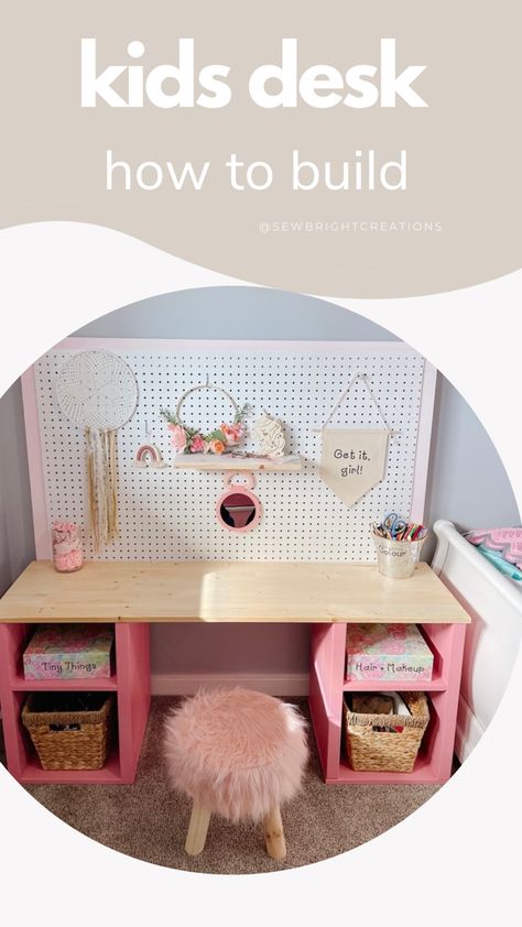 How to make a kids desk. Weekend DIY project. DIY KIDS DESK. Girls bedroom. Girl bedroom decor. DIY art table for kids. Kids bedroom desk. How to build lego desk. Craff desk. Kids pink desk. Pink furniture. Toddler Drawing Desk, Toddler Desk Area In Bedroom, Girls Craft Table, Diy Kid Vanity, Diy Kids Desk With Storage, Kids Vanity Diy Girls Bedroom, Girls Desk Ideas, Diy Kids Vanity, Art Table For Kids