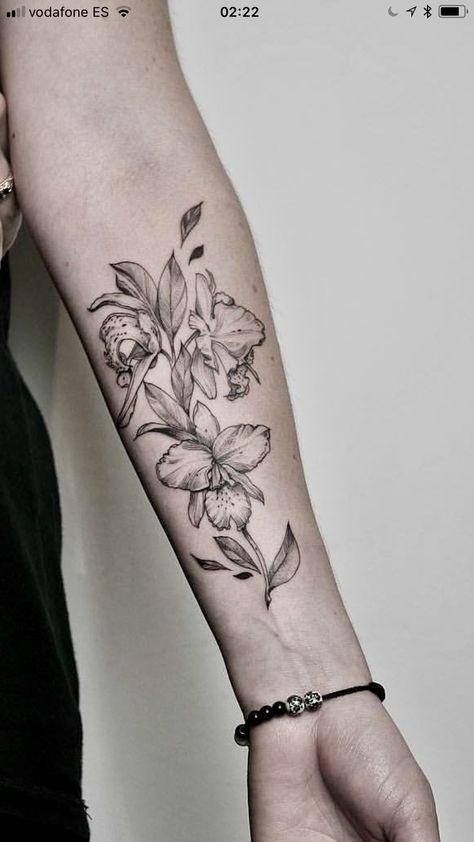 Flowering Orchid Flower Tattoo Forearm Orchid Tattoo Thigh, Orchid Forearm Tattoo, Orchid Tattoo Men, Orchid Flower Tattoo, Flower Tattoo Forearm, Flower Forearm Tattoo, Colombia Tattoo, Orchid Flower Tattoos, Cuff Tattoo