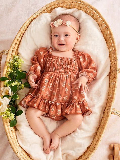 Baby Girl Boho Dress, Peasant Baby Dress, Newborn Lace Romper Photography, Floral Swaddle And Headband, Baby Girl Floral Romper, Baby Girl Floral, Ruffle Hem, Baby Girl Newborn, Newborn Baby