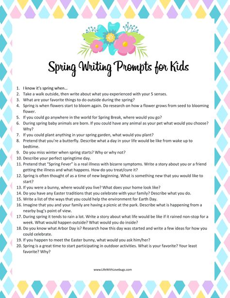 20 Spring Writing Prompts for Kids - Life With Lovebugs Easter Writing Prompts Kindergarten, March Writing Prompts For Kids, Spring Writing Prompts For Kindergarten, Spring Journal Prompts, Osc Activities, Spring Writing Activities, Journal Starters, Writing Themes, Easter Writing Prompts