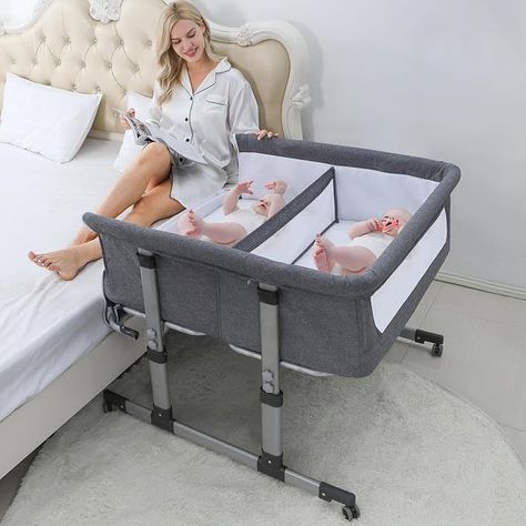 Amazon.com: Ihoming Double Bassinets For 2 Babies, Twins Infant Co Sleeper Bedside Crib Attaches to Bed, Grey : Baby Crib For Twins, Cribs For Twins, Baby Cribs For Twins, Bedside Sleeper, Crib Bed, Bed Grey, Bedside Crib, Co Sleeper, Guest Bedroom Ideas