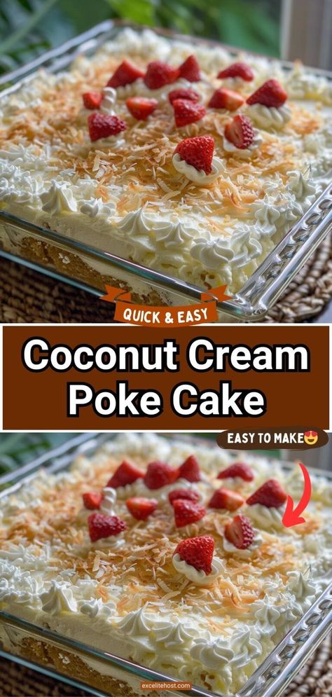 If you love coconut, then you will LOVE this Coconut Cream Poke Cake! It is full of coconut flavor and it is so moist! Perfect for dessert! Poke Coconut Cake, Coconut Cream Poke Cake Recipe, Coconut Poke Cake With Cream Of Coconut, Coconut Poke Cake Recipe, Easy Poke Cake Recipes, Coconut Cream Poke Cake, Sunday Desserts, Coconut Sweetened Condensed Milk, Coconut Poke Cake