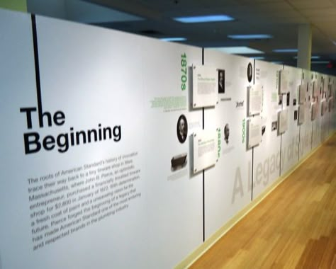 @AMStandard 's Wall of History ... the tour @ BuildingMoxie.com Company Culture Wall, Exhibition Display Design, Office Wall Design, Museum Exhibition Design, History Wall, Data Visualization Design, Office Space Design, Timeline Design, Environmental Graphic Design