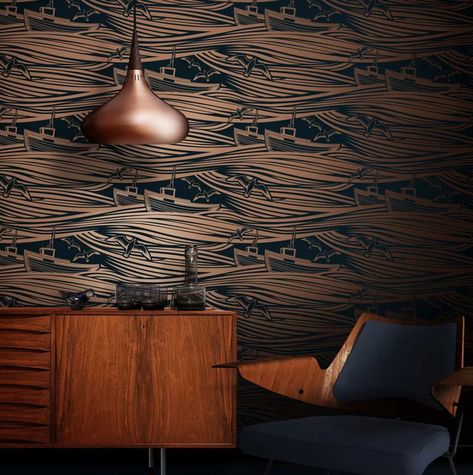 An iconic wallpaper featuring a stylised design of boats on rolling waves in Whitby bay. Seen here in the Midnight & Copper colourway. Mini Moderns Wallpaper, Copper Wallpaper, Mini Moderns, Iconic Wallpaper, Nautical Design, Wallpaper Direct, Wallpaper Online, High Quality Wallpapers, Gold Shimmer