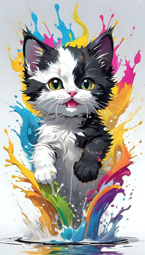 Cat Art Drawing, Colorful Animal Art, Colorful Animal Paintings, Gatos Cool, Cats Painting, Painting Illustrations, Cats Art Drawing, Wallpaper For Kids, Colorful Cat