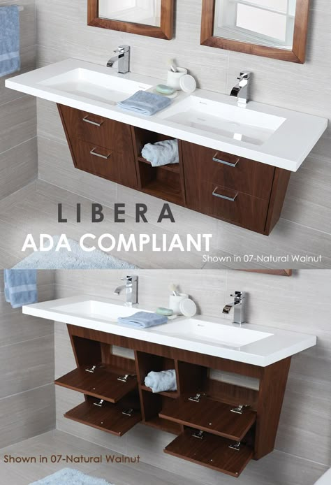 Go check out our beautiful ADA compliant vanity called, LIBERA! It's a wall-mounted vanity with polished chrome pulls on four flip-open doors with LED lights in open cubbies. Your two sink options come in either natural stone or matte/gloss solid surface top (shown in image)!  #beautiful#lacava#design#designer#sink#simple#bathroom#bath#chicago#2019#bathroomremodel#decor#designer#sleek#interiordesign#chrome#pulldown#art#pretty#luxury#luxurylifestyle#handmade#furniture#furnituredesign#neat Ada Sink Design, Under Mount Bathroom Sink Ideas, Ada Sink Vanity, Wheelchair Accessible Vanity, Ada Compliant Bathroom Vanity, Ada Vanity Design, Accessible Bathroom Layout, Handicapped Bathroom Ideas Layout, Ada Compliant Bathroom Design