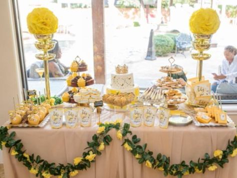 Yellow Quinceanera Theme Decorations, Yellow Themed Birthday Party, Yellow Dessert Table, Yellow Flower Garland, Table With Tablecloth, Yellow Quince, Gold Dessert Table, Yellow Desserts, Yellow Birthday Parties