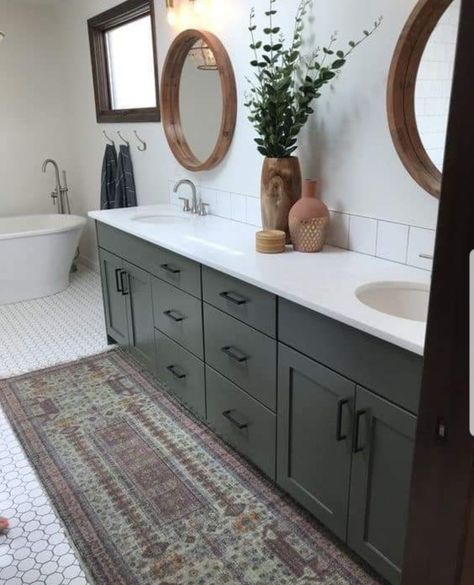 Bathroom Interior Design Green Vanity, Dark Sage Bathroom Vanity, Forest Green Vanity Bathroom, Dark Painted Cabinets Bathroom, Slate Cabinets Bathroom, Master Bath Green Vanity, Green Bathroom Cabinets Black Hardware, Green Cabinets Master Bath, Painted Master Bath Cabinets