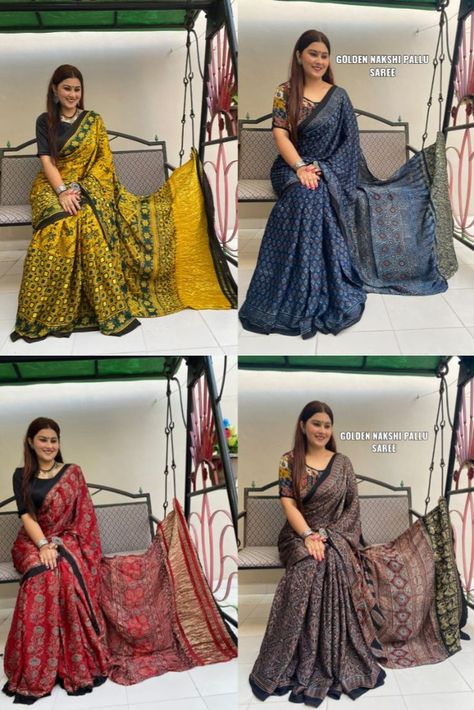 Latest 4 Pure Ajrakh Modal Silk Sarees With Price at siri designers 8897195985 Modal Silk Blouse Design, Ajrakh Saree Blouse Designs, Ajrak Blouse Designs, Ajrakh Modal Silk Sarees, Ajrakh Design, Modal Silk Sarees, Ajrakh Sarees, Siri Designers, Sarees With Price