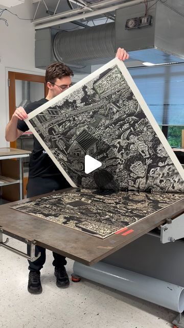 Justin Remo on Instagram: "Pulling the first of the three woodcuts that make up my colossal print mural! 🎉 You won’t wanna miss the finished print this weekend during artwalk! ✨The printmaking seniors and I have been working tirelessly to create a show you won’t forget.   PRINTMAKING THESIS ARTWALK 2024 FRIDAY, MAY 10 until SUNDAY, MAY 12 FOX BUILDING, ROOM 410-420 & GATEWAY BBOX  @marylandinstitutecollegeofart @micaprintmaking @mica_rcce @mica_ugs @micaillustration @micaexhibitions @mcclains.printmaking.supplies @hiromipaper   #print #printmaking #printmakers #printmaker #printmakingart #printmakersofinstagram #printmakingart #printmakingart #printmakingprocess #printmakingstudio #printmakingartist #reliefprint #reliefprinting #woodblockprint #woodcut #woodcutprint #micamade" Woodcut Printmaking, Printmaking Supplies, Relief Printing, Wood Block Printing, Printmaking Art, Woodcuts Prints, Relief Print, Printmaking, This Weekend