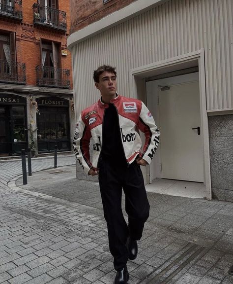 Styling Varsity Jacket Man, Dinner Outfit Ideas Men, Racer Jacket Outfit, Racing Jacket Outfit, Pilot Fashion, Motorcycle Jacket Outfit, White Varsity Jacket, Racer Jackets, Trendy Boy Outfits